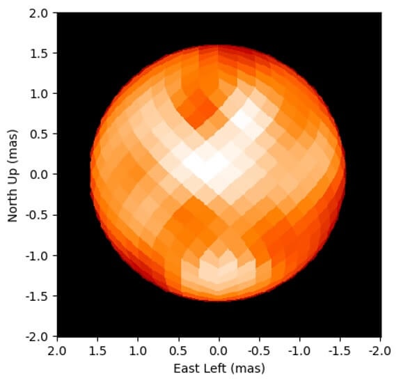 The pixelated orange spectrum of the star Polaris shows light and dark areas.